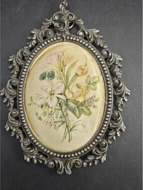Vintage Oval Cast Iron Filigree Wall Plaque Regencycore Padded Satin Floral Art